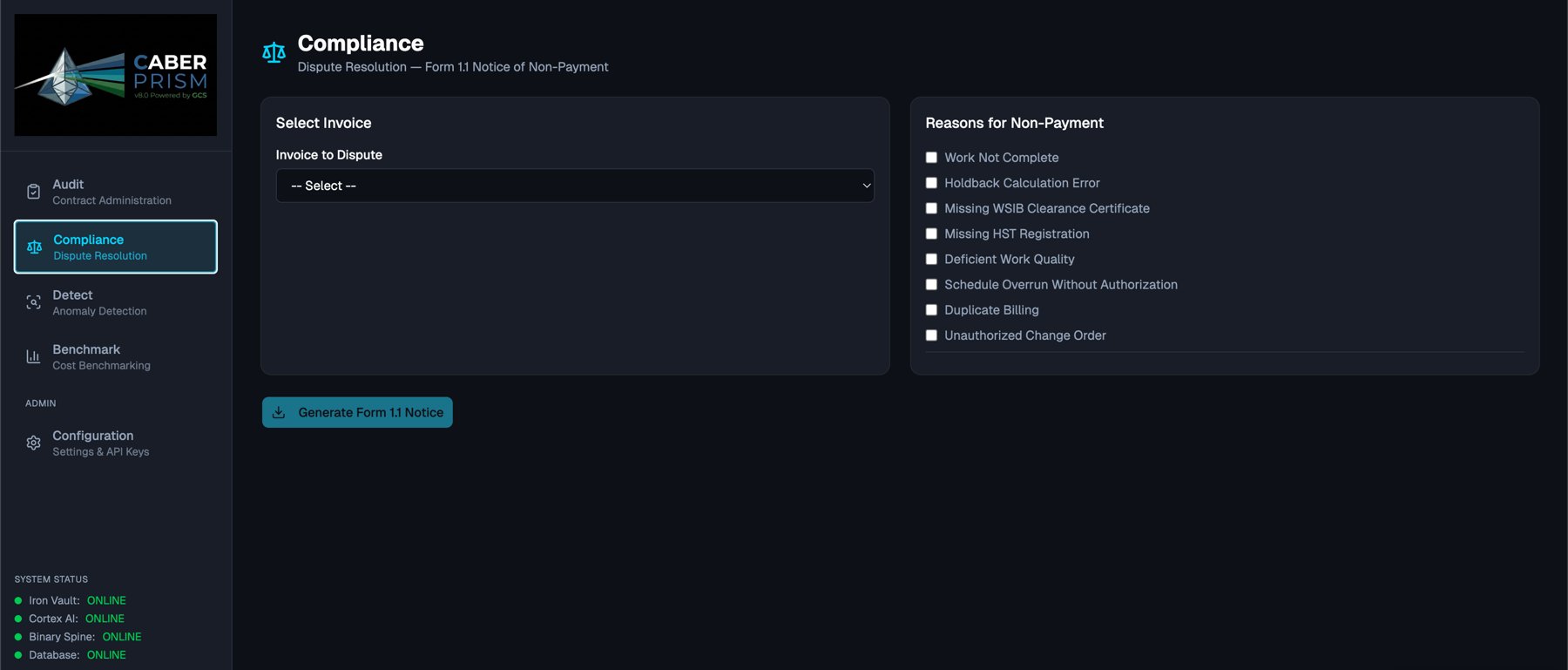 Caber Prism v8.0 Compliance screen generating a Form 1.1 Notice of Non-Payment